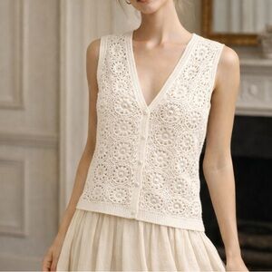 Pearl Crochet Eyelet Vest Cream Boho Cottagecore Coastal Petite